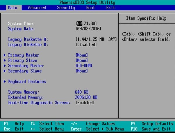 pagina principal de la bios desde windows 10