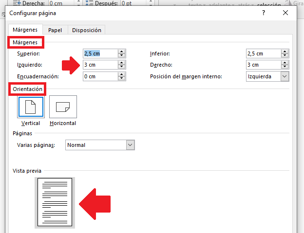 Recuadro de configuración de página en Word