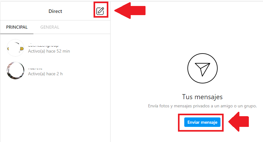 enviar dm mensaje privado de instagram desde la web en pc