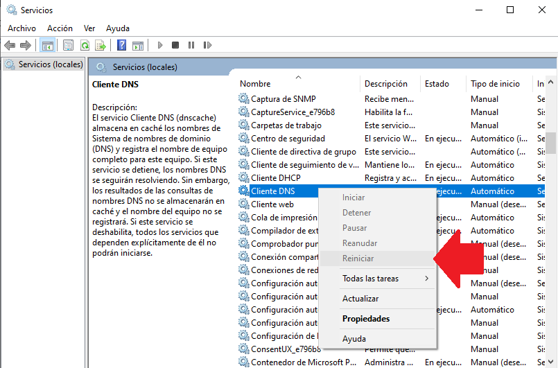 reiniciar client DNS para reiniciar error DNS exdomain